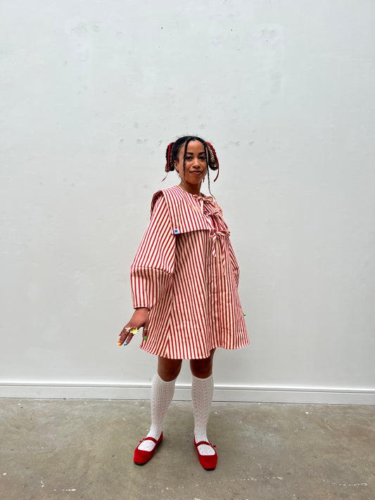 DALI MINI DRESS: Ticking stripes canvas.